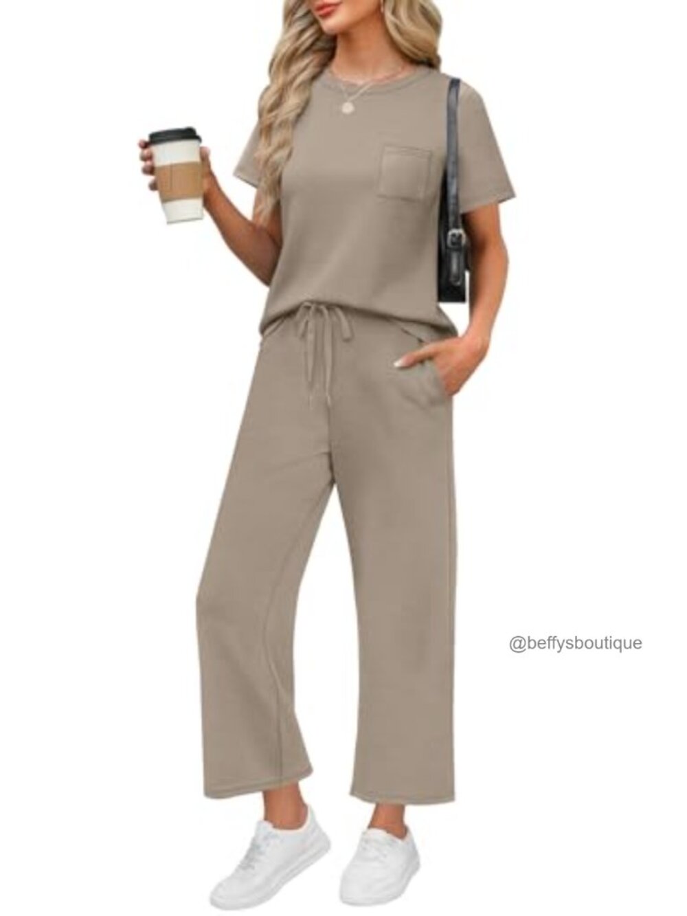 Wide Leg Crop Pants Set Short Sleeve Travel Lounge Vacation Outfit